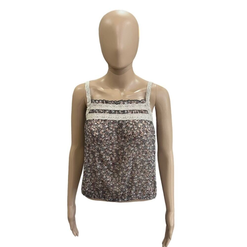 American Eagle Womens Semi Sheer Sleeveless Top Size S Floral Print & Lace